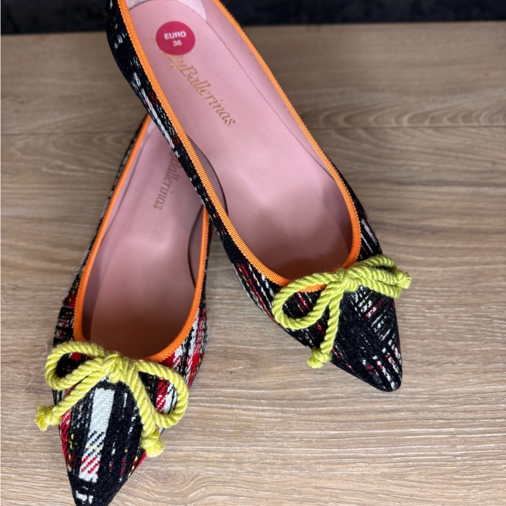 Cute Pretty Ballerinas Multicolor Plaid Flats with Lime Bow